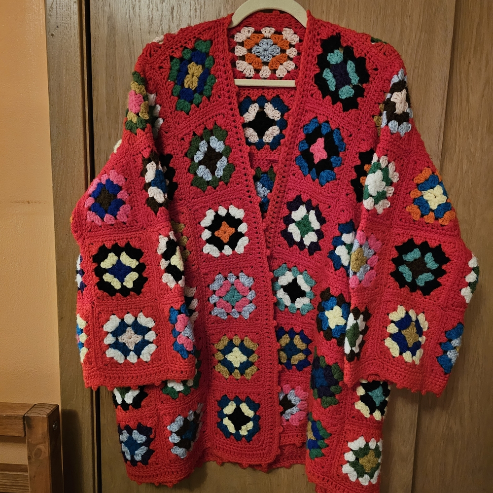 Handmade Crochet Cardigan Sweater XL Granny Square Vintage Red Multicolor